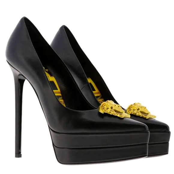 Woman’s Versace Blck Leather Gold Medusa Palazzo Platform Stiletto Pump Sz 38 - Picture 1 of 6